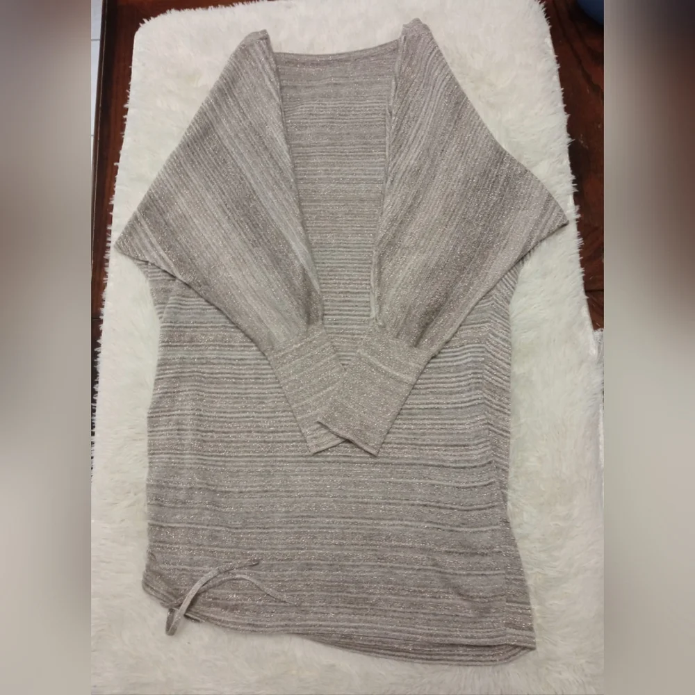 Express Metallic Silver Striped Sweater Dolman 3/4 Sleeve Scrunch Tie Size XS